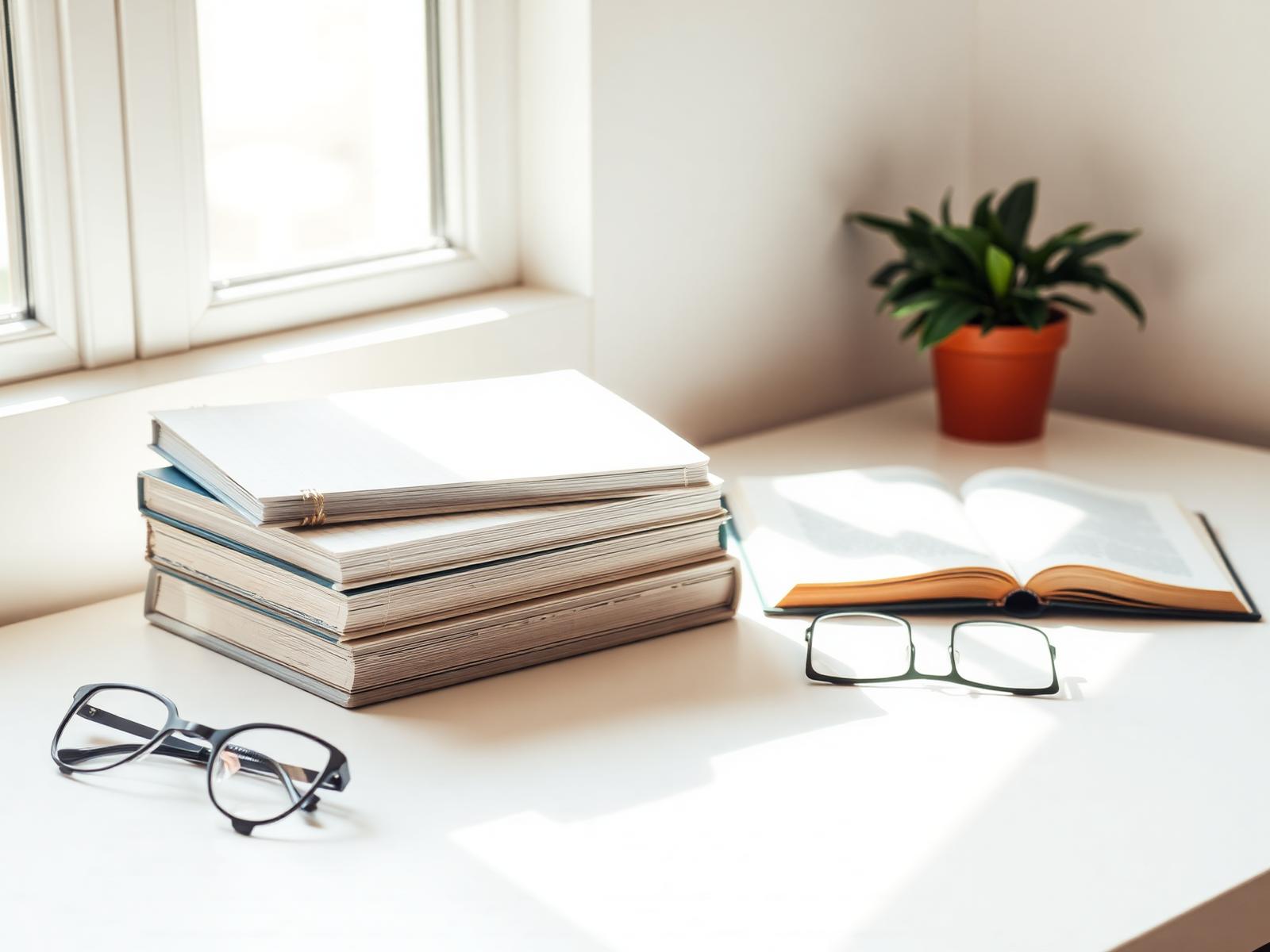 Stack of used academic textbooks on a bright desk